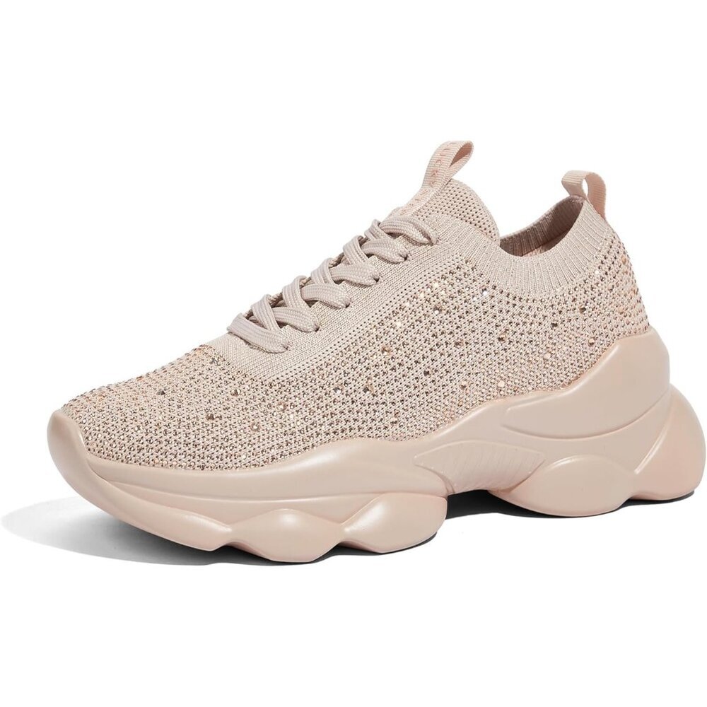 Lucky Step Women's Nude Rhinestone Sneaker Chunky Sparkly Bling Mesh Slip on